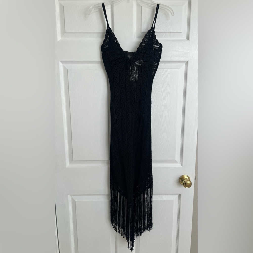 Guess Collection Black Crochet Dress with Fringe. Small